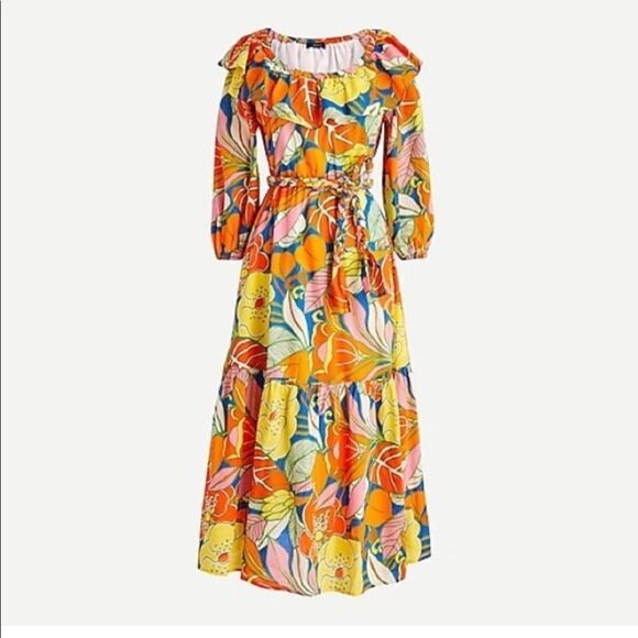 💜 J.Crew Midi Dress in Tropical Floral Print with Ruffle Collar and Belt - Picture 5 of 5